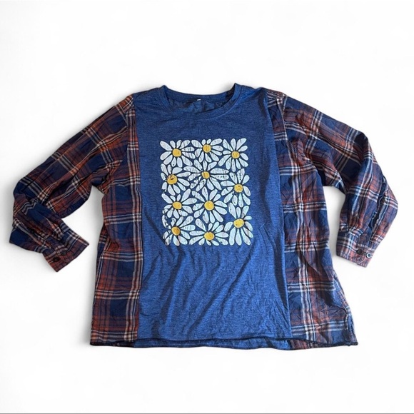 Boho upcycled handmade blue& white floral daisy flannel 3x - Picture 2 of 2